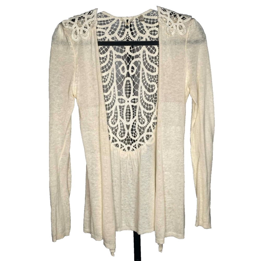 Anthropologie Women's Knitted & Knotted Open Front cream crochet Cardigan size S